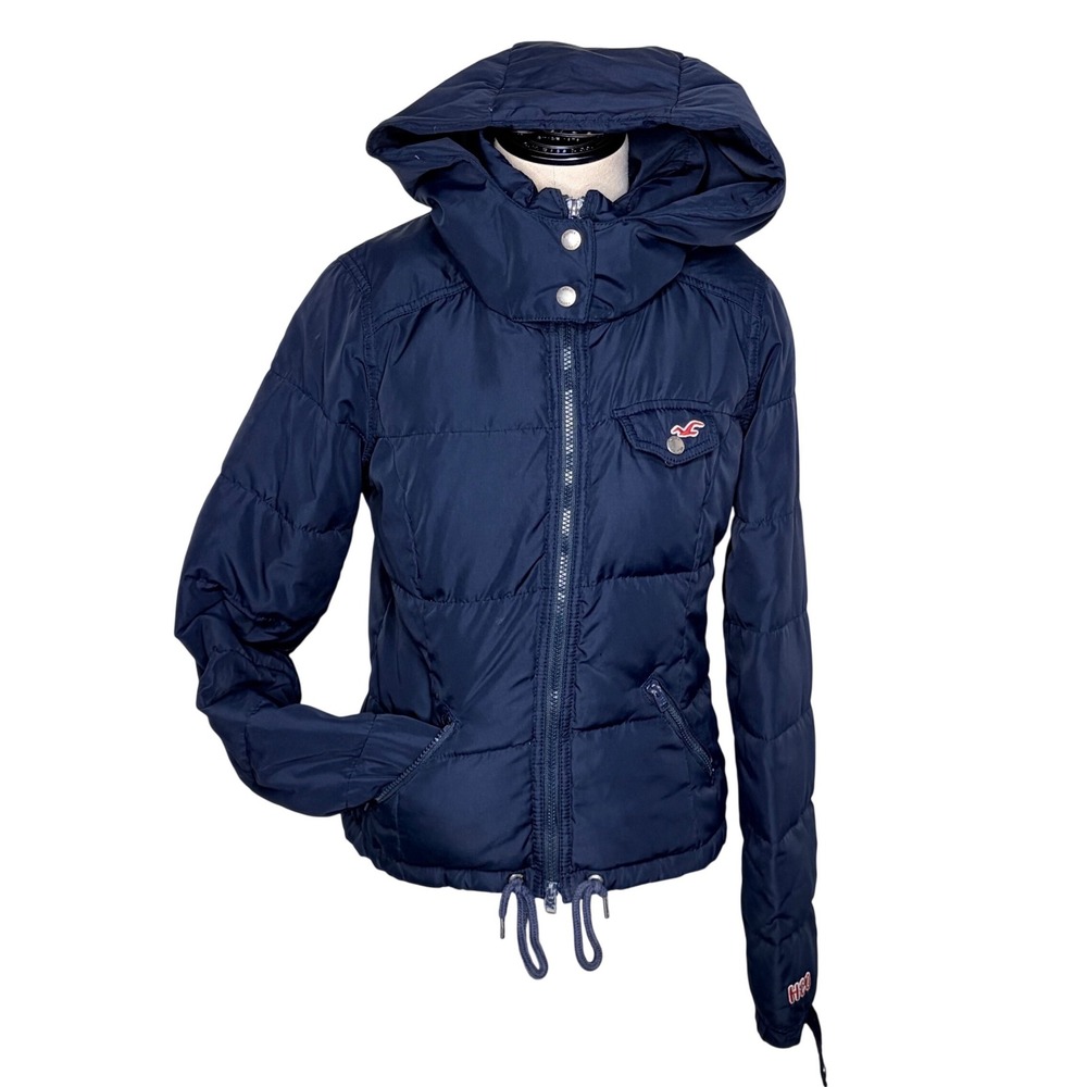 Hollister‎ Navy Puffer Jacket Hooded Full Zip Drawstring Waist Logo Womens S